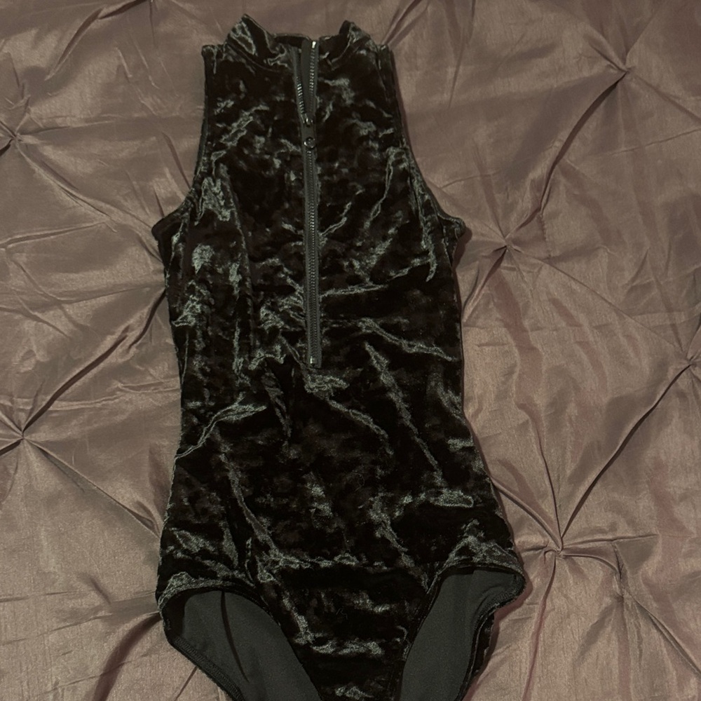 Capezio Black Velvet zippered front leotard with open back, adult small.